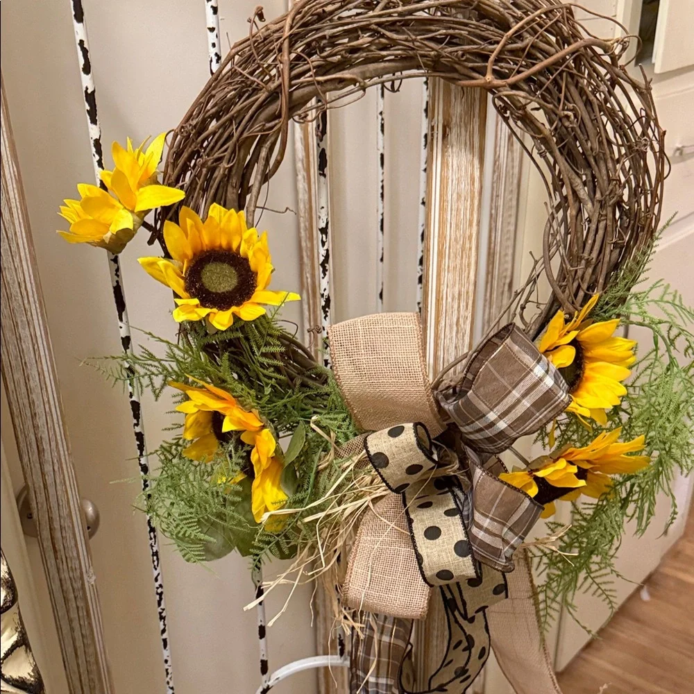 Sunflower Grapevine Wreath with Burlap Bow - Yellow
